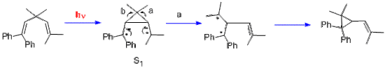 Irradiation of Ph2C=CCMe2C=CMe2 forms Ph2C•(C-CMe2-C-)C•Me2.  The central atom can then attack the bond towards the isopropyl group (a) or the benzhydryl group (b).  It chooses a, to form Ph2C•C(C•Me2)C=CMe2, which then closes to form a benzhydrilic cyclopropane ring.