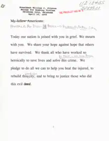 A document showing Bill Clinton's message to victims. Some of the typed text has been scribbled out and replaced with hand-written text.