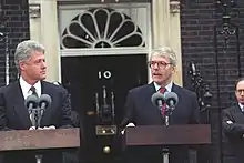 President Bill Clinton and Prime Minister John Major give remarks during at press conference at 10 Downing Street, 1995