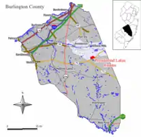 Location of Presidential Lakes Estates in Burlington County highlighted in red (left). Inset map: Location of Burlington County in New Jersey highlighted in black (right).