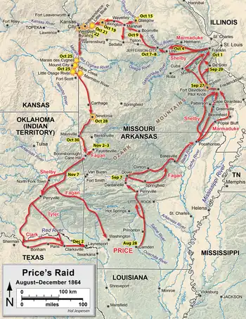 Map of Price's Raid.  The raid roughly resembled a circle, starting in southern Arkansas, moving to the Missouri River, and then looping back to southern Arkansas