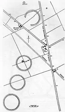 Three of the Priddy Circles and one barrow, 400 m west of Castle Farm