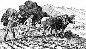 Natives utilize a primitive plow to prepare a field for planting near Mission San Diego de Alcalá.