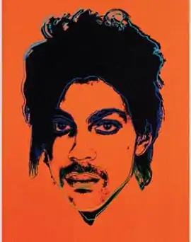 A silkscreen portrait of the same man, higher-contrast black and white against an orange background, with a blue and green line tracing the edge of his hair, with most of his neck cropped out and straightened out