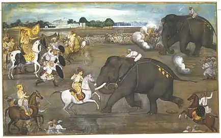 A painting from a Padshahnama manuscript (1633)  depicts the scene of Aurangzeb facing the maddened war elephant  Sudhakar. Sowar's shield is decorated with a star and crescent.