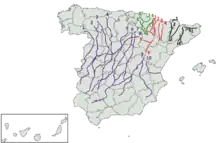 Main drovers roads of Spain. Cañada Real Leonesa Occidental is nº3. It cross by Saucedilla