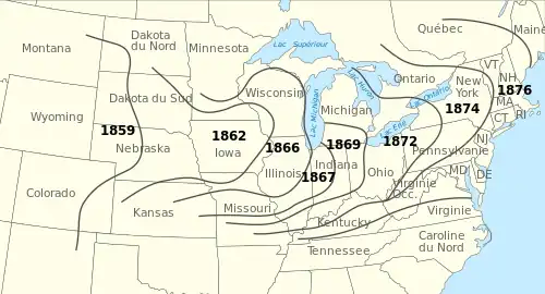 Expansion of the Colorado potato beetle's range in North America, 1859–1876