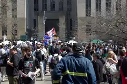 A crowd with a few Trump flags visible