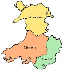 The Archdiocese of Cardiff, shown in green, within the Province of Cardiff