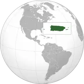 This picture shows Puerto Ricos location. It is situated between the Caribbean Sea and the North Atlantic Ocean with the Dominican Republic to the west and the Virgin Islands to the east.