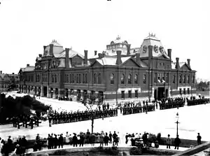 Image 39Striking American Railway Union members confront Illinois National Guard troops in Chicago, Illinois, during the Pullman Strike in 1894.