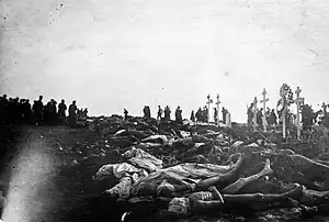 Unburied and unclothed bodies of the Reds lie in the foreground at the Kalevankangas cemetery after the Battle of Tampere. On the right, around five crosses can be seen, while black silhouettes of people are visible against the sky in the background.