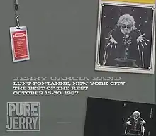 Two photos of Jerry Garcia as a stage magician conjuring a guitar from out of a hat, and a backstage pass for the Jerry Garcia Band