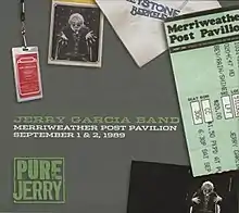 A Merriweather Post Pavilion ticket stub, a Keystone Berkeley napkin, two photos of Jerry Garcia as a stage magician conjuring a guitar from out of a hat, and a backstage pass for the Jerry Garcia Band