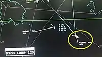 Secondary radar image shows Flight 8501 (circled in yellow) at an altitude of 36,300 ft (11,100 m) and climbing, travelling at 353 kn (654 km/h) ground speed.