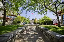 A picture of glassford square with the marble fountain.