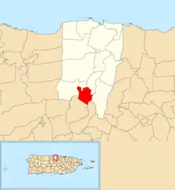 Location of Quebrada Arenas within the municipality of Vega Baja shown in red