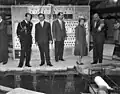 Jo Thijsse (on the right) during the visit of Elizabeth II and Prince Philip, Duke of Edinburgh to the Waterloopkundig Laboratorium in Delft, 1956.