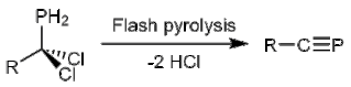 Scheme showing the flash pyrolysis of a generically substituted dichloromethylphospine to yield a substituted phosphaalkyne.