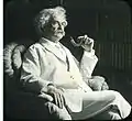 Mark Twain at home in Connecticut, hand-painted glass plate photograph