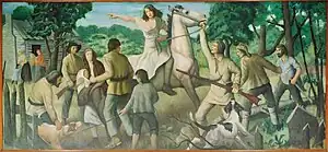 Rachel Silverthorn's ride to warn settlers along Muncy Creek of impending attacks. (WPA Mural by John W. Beauchamp in the Muncy, Pennsylvania Post Office).