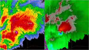 Image showing two radar images. On the left is a base reflectivity radar image, which displays precipitation. On the right is a storm relative velocity radar image, which shows direction and intensity of wind speeds.