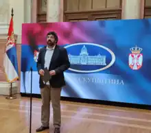 Radomir Lazović holding a press conference in the National Assembly of Serbia in September 2022