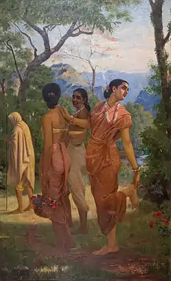 Shakuntala, wife of Dushyanta and the mother of Emperor Bharata, from Kalidasa's play Abhijñānaśākuntala, wearing a sari, painting by Raja Ravi Varma, c. 1870.