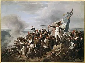 Painting showing blue-coated officer holding a flag and pointing his sword to rally his troops as they defend a mountaintop