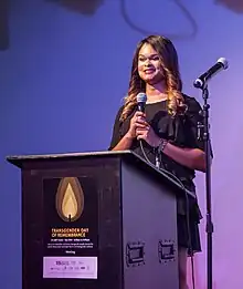 Raquel Willis, an African American trans woman, speaking at the 2017 Transgender Day of Remembrance event in San Francisco.