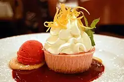 Lemon ice box pie with raspberry sorbet and raspberry sauce