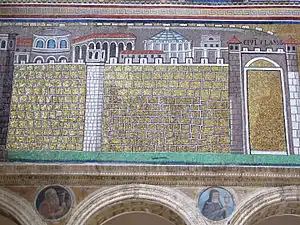 Byzantine mosaic meander in the Basilica of Sant'Apollinare Nuovo, Ravenna, Italy, unknown architect or craftsman, c.500, with later alterations from c.560