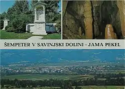 1969 postcard of Šempeter v Savinjski Dolini. Clockwise from top: Roman necropolis in Šempeter, Hell Cave (in Zalog pri Šempetru), panoramic view of Šempeter