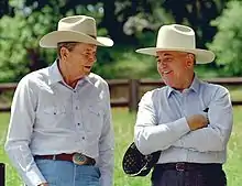 Gorbachev visiting Reagan, both in western wear, 1992