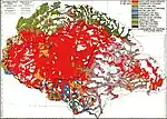 The "Red Map", based on the 1910 census. Regions with population density below 20 persons/km2 (52 persons/sq mi) are left blank and the corresponding population is represented in the nearest region with population density above that limit. Red colour to mark Hungarians and light purple colour to mark Wallachians/Romanians.