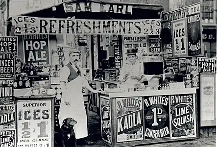 Image 63R. White's soft drinks sold in London. Selling carbonated lemonade in 1845, by 1887 they sold strawberry soda, raspberry soda and cherryade. (from Culture of the United Kingdom)