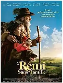 The film poster shows a boy, a man, a monkey and a dog at the left. The background is a French countryside under partly cloudy blue sky.  The lower middle has the film's name, the top contains the list of principal actors, and the bottom contains the film's credits.