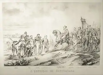 A lithograph depicting a bearded man in hat and cloak on horseback riding at the head of a group of uniformed horsemen while dismounted uniformed men stand in the foreground with bowed heads