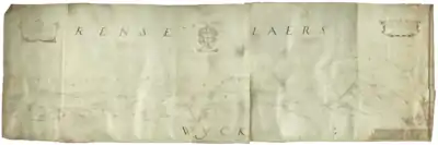 A short, wide parchment map shows the "Noord Rivier" (North River) traveling from right to left along the center of the parchment, in addition to the proposed locations of small settlements. Another river is also shown, at the very right, traveling from the top of the parchment to its connection at the Noord. The map is entitled "RENSELAERSWYCK" [sic] in large letters and the contains two shields and two scrolls containing Dutch text.