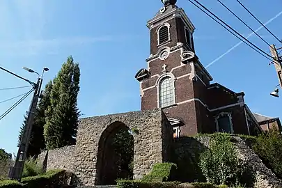 Ruins of castle around church in Haccourt