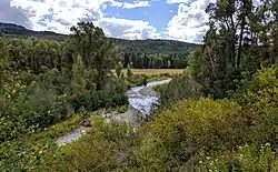 a stream viewed from a hill above, with green trees in foreground, beautiful sky with clouds in background