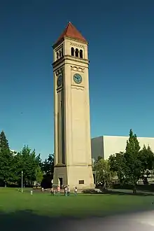 The Great Northern clock tower used to be part of a railway depot before Expo '74.  The location of the former depot's roofline can be seen where the brick changes color.