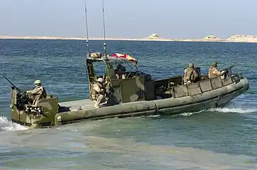 A 38 ft (12 m) Rigid Buoyant Boat (RBB), small unit riverine craft of the US Navy