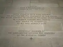 Memorial inscription to John D. Rockefeller Jr., who funded much of the church's construction