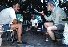 Robert Bruce Tague (right) and Tristan Meinecke (left), with one of Tristan Meinecke's sons in 1976.