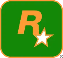 A capital "R" in gold has a five-pointed, white star with a gold outline appended to its lower-right end. They lay on a dark-green square with a gold outline and rounded corners.