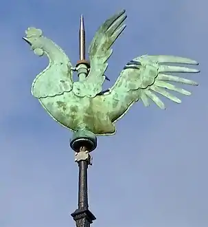 The rooster reliquary at the top of the flèche. It was found lightly damaged in the rubble after the 2019 fire.