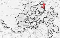 Roselawn (red) within Cincinnati, Ohio