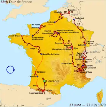 Map of France with the route of the 1979 Tour de France