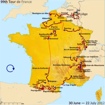 Map of France showing the path of the race starting in Belgium, moving through the Alps, then the Pyrenees, before finishing in Paris